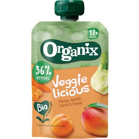  Organix Veggielicious Knijpfruit Mango, Abrikoos, Wortel & Venkel 12+m